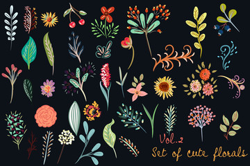 Fototapete - Collection of vector cute florals in rustic simple style on deep back. Great for fabric designs