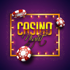 Poster - Golden text Casino night with 3D chip, marquee frame on sparkling purple background.