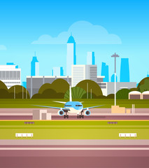 Wall Mural - Airport Terminal With Plane On Runway Before Takeoff Over Modern City Background Flat Vector Illustration