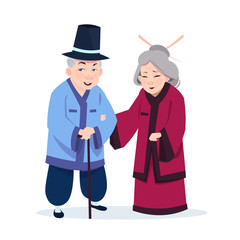 Wall Mural - Senior Asian Couple Wearing Traditional Costumes Old Man And Woman On White Background Vector Illustration