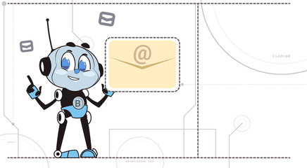 Poster - Chatbot Robot Hold New Message Notification Sign Support Technology Chatter Virtual Assistance Concept Vector Illustration