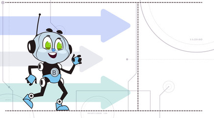 Poster - chatbot robot over arrows background support technology chatter bot in headphones virtual assistance