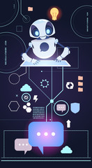 Poster - chatbot robot technology, chatter bot answer questions using digital tablet virtual assistance conce