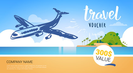 Travel Company Template Voucher With Airplane Flying Over Beautiful Tropical Beach Background Tourist Agency Poster Design Vector Illustration