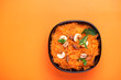Indian carrot Gajar halwa. Copyspace, top view, flatlay. Color surge