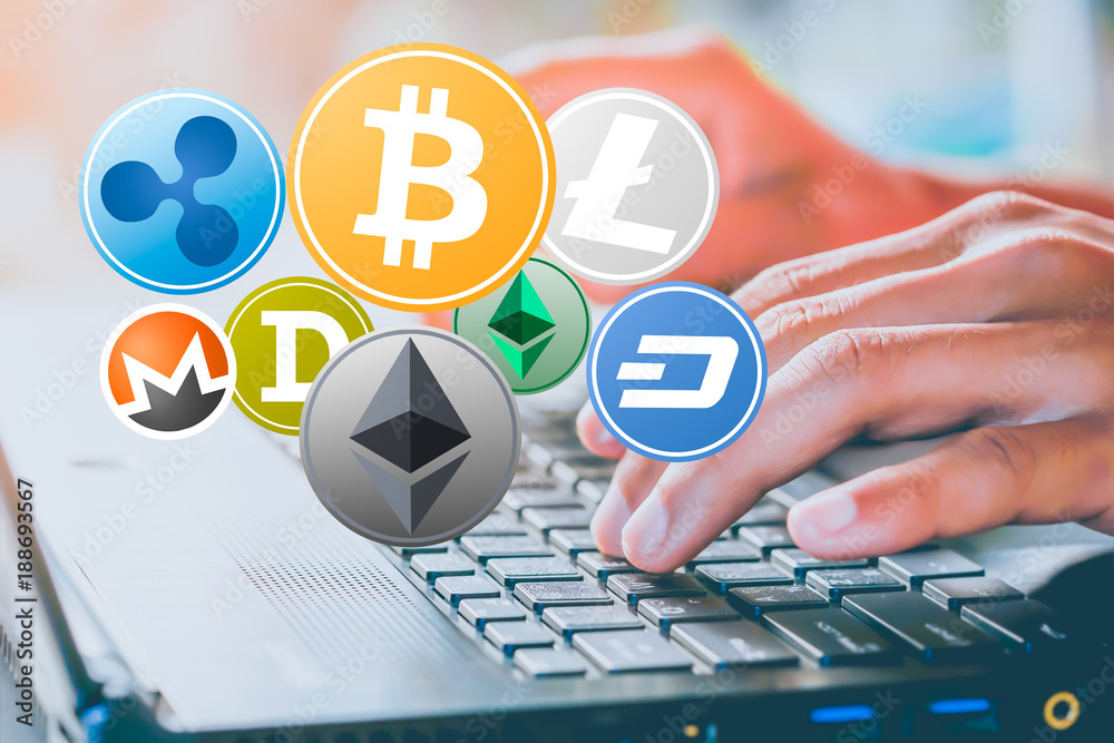 Set of Cryptocurrency and female hands typing on laptop. Business concept of worldwide cryptocurrency.