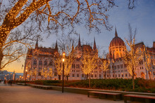 Parliament Building, Illuminated Trees, Christmas Eve, Budapest
