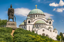 Belgrade, Serbia May 18, 2016: Church Of Saint Sava And Monument To Karadjordje