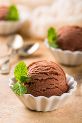 Chocolate ice cream scoop in white bowl with mint leaves on sand color stone background. Summer food concept.