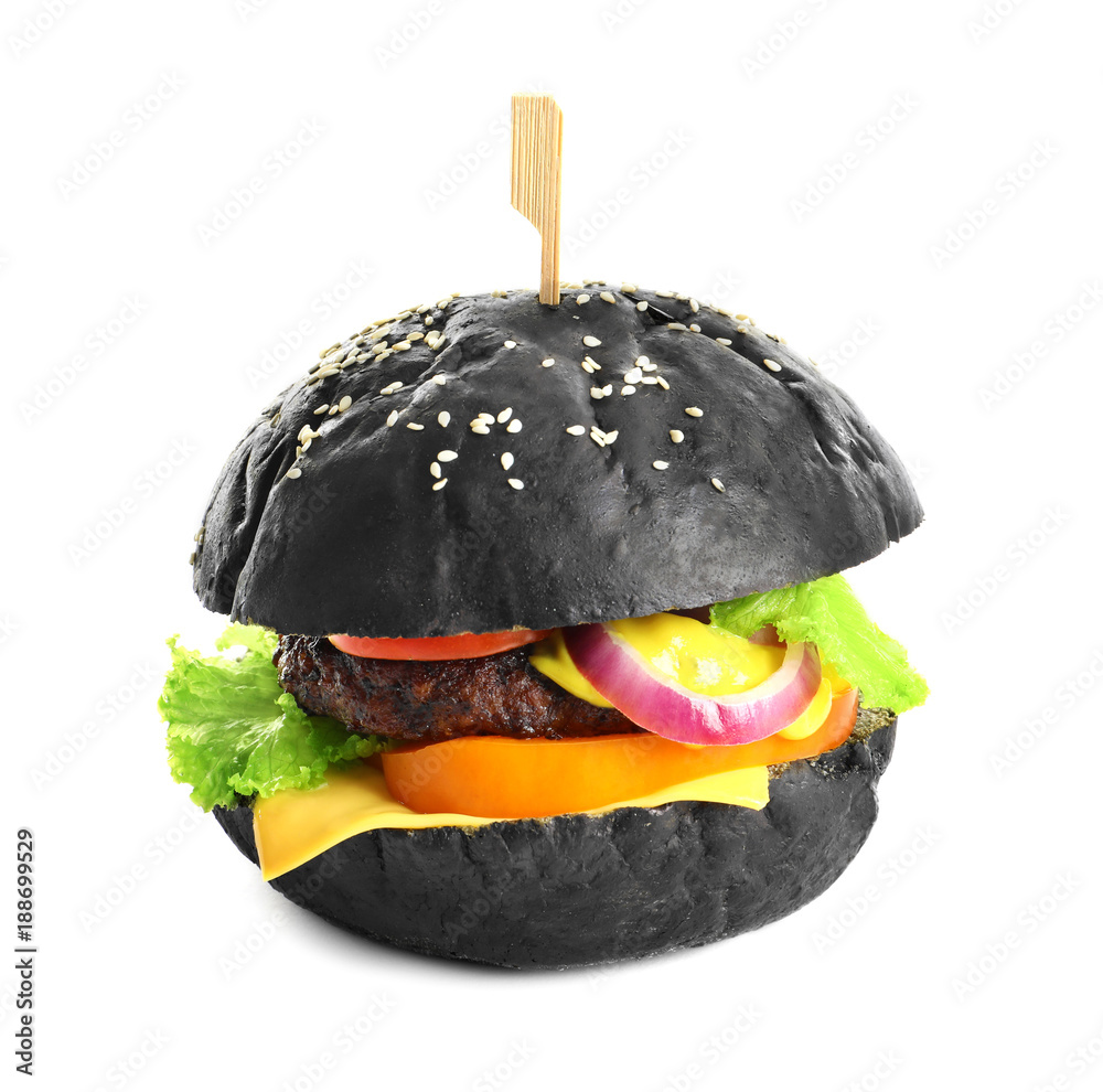Tasty black burger on white background