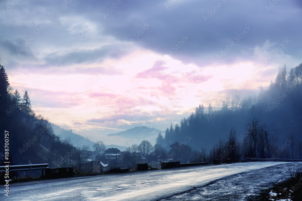 View of mountain village in countryside