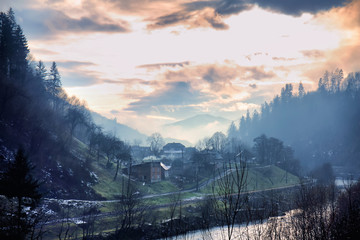 Sticker - View of mountain village in countryside