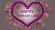 Valentine's day greeting card, illustration with wreath, garland of roses in the shape of heart, pink flower petals and ' happy valentines day ' text on grey background with purple flowers
