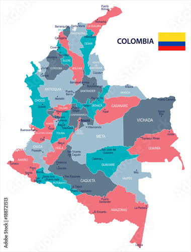 Cuadros en Lienzo Colombia - map and flag - Detailed Vector Illustration