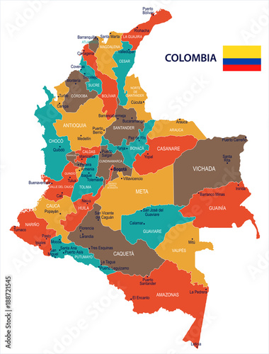 Fotografía Colombia - map and flag Detailed Vector Illustration