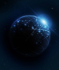 Wall Mural - planet earth with sunrise and technology network. vector illustration