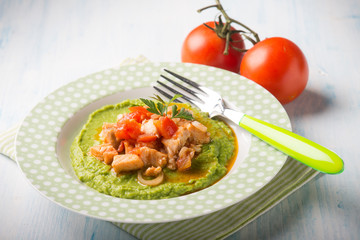 Poster - fish stew with pea cream, selective focus