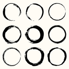 Round Paint Brush Stroke Vector Set. Circle Black Frame Painted. Abstract Vector Design Element