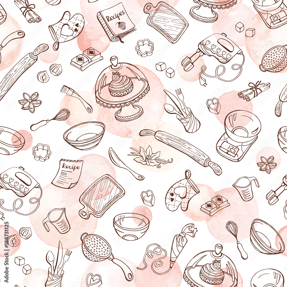 Baking Tools Rectangular Background Baking doodle background. Vector seamless pattern with kitchen tools ...