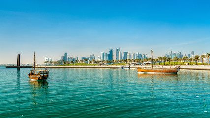 Wall Mural - Traditional arabic dhows in Doha, Qatar