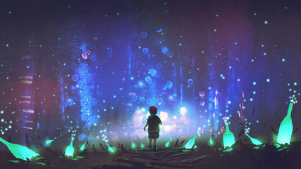 night scenery of boy walking on the floor among many glowing green bottles, digital art style, illus