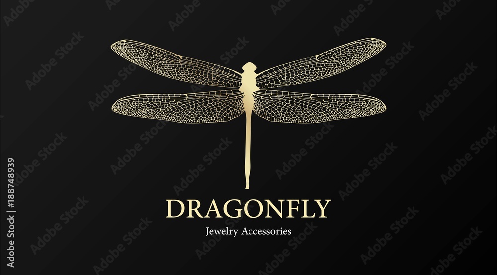 Vector logotype for jewelry boutique, store, shop. Elegant gold dragonfly silhouette at black background. Outline of dragonfly. Can be used for postcard, print, logo, poster, label. - obrazy, fototapety, plakaty 