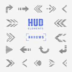 Poster - Set of arrows, pointers, directions, navigation. Futuristic interface hud design elements for ui. Stickers, icons and badges for infographics. Glitch effect. Tech and science, web and internet theme.