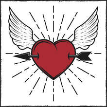 Arrow In Heart And Wings Colored Print With Rays. Vector Illustration In Vintage Style.
