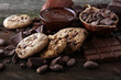 Chocolate cookies on wooden table. Chocolate chip cookies shot.