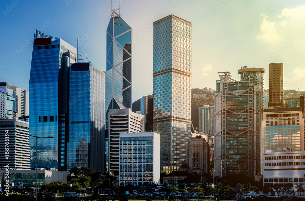 hong kong city view with sunlight  - obrazy, fototapety, plakaty 