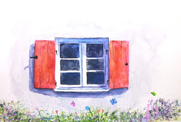 watercolor window with flower and butterflys