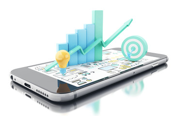 Poster - 3d Bar graph, target and light bulb on Smartphone.