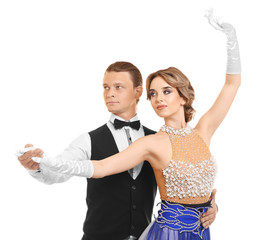 Wall Mural - Couple of young dancers on white background