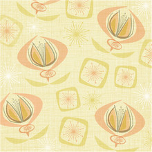 Linen Textured Weave With Vintage Flowers In A Soft Color Palette Of Yellow, Green And Orange. Retro Style Inspired By Mid-century Modern Fabrics.