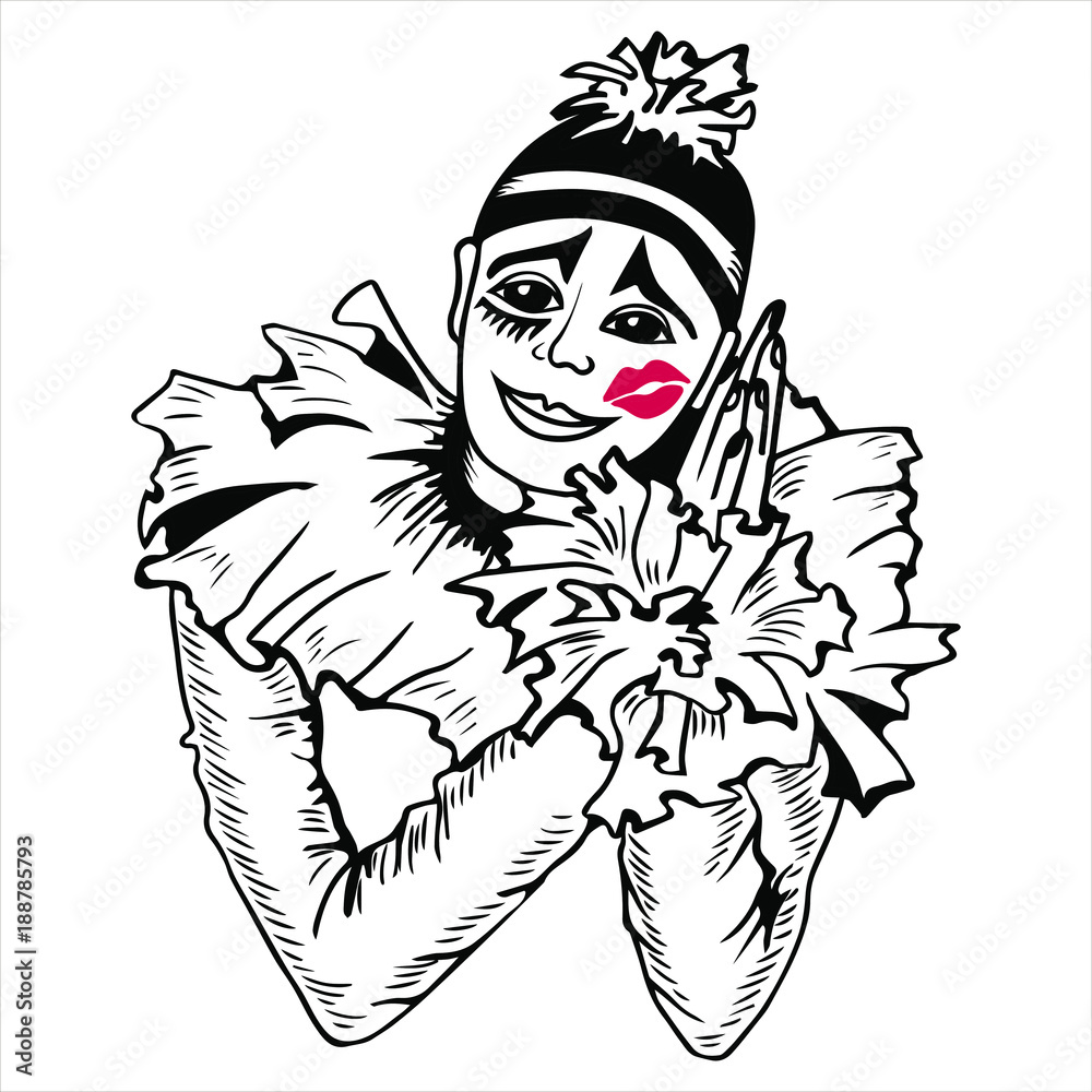 Hand drawn pierrot with kiss on the cheek. Isolated on white background. Vector - obrazy, fototapety, plakaty 