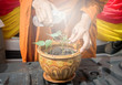 Cropped shot view of Buddhist monk water the plant with water to little Bodhi tree, The Bodhi tree became a symbol of the Buddha's presence and an object of worship. 