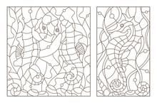 Set Contour Illustrations Of Stained Glass With Sea Horses On A Background Of Seaweed, Dark Outline On A White Phone