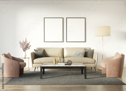 Fotografia Contemporary chic interior with a dark beige sofa and salmon red armchairs