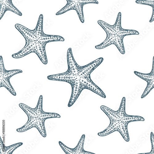 Papel de parede Seamless pattern starfish on white background, cartoon illustration of beach summer background