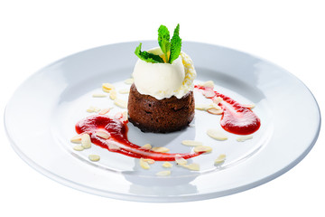 Canvas Print - Delicious chocolate muffin with ice-cream, jam and mint on the plate