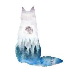 A silhouette of a fox with the forest landscape inside. Watercolor illustration of a fox in its habitat.