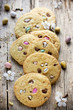 Easter egg cookies - homemade big soft american biscuits with chocolate candy mini eggs, sweet easter treats