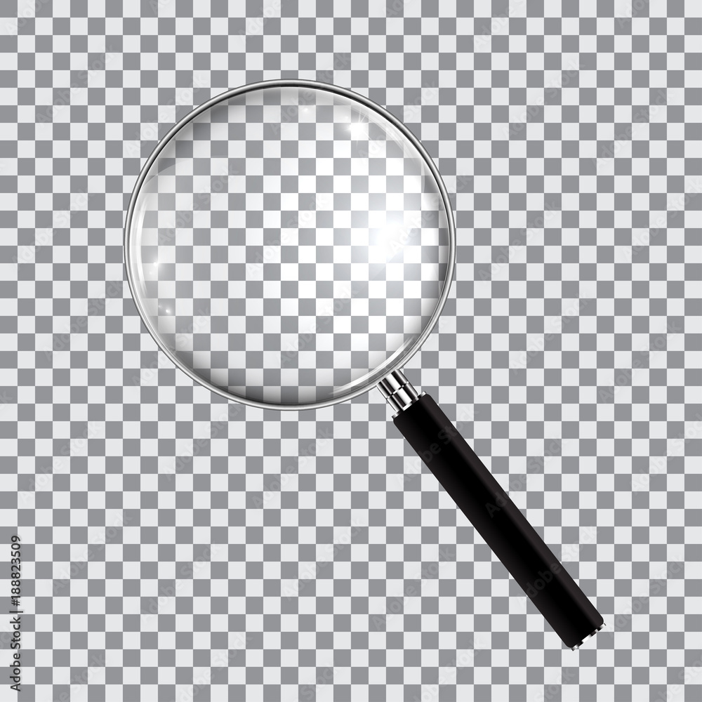 Magnifying glass realistic isolated on checkered background, vector illustration - obrazy, fototapety, plakaty 