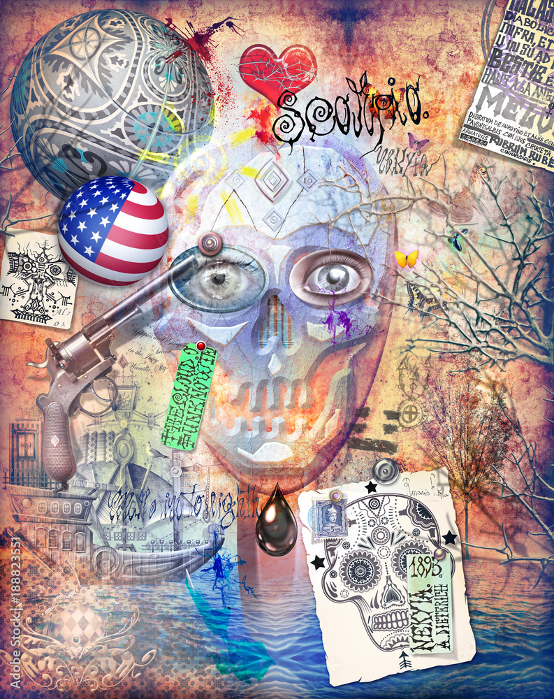 Poster Murales Con Teschio Cuore Pistola Graffiti E Collage Nikkel Art