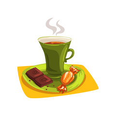 Wall Mural - Cartoon cup of hot tea on saucer with candy and piece of chocolate. Delicious breakfast. Good morning concept. Flat vector design for restaurant or cafe menu