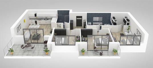 floor plan of a house top view 3d illustration. open concept living appartment layout