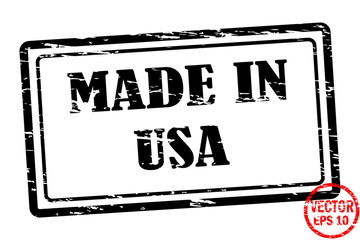 Made in USA - template of grunged black square stamp for business isolated on white background