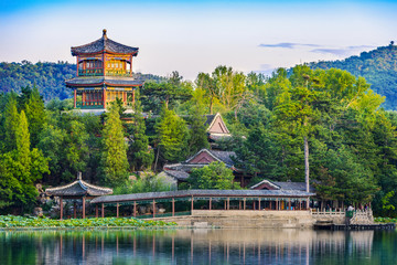 Jinshan Tower (Little Golden Mountain). Located in Chengde Mountain Resort. It is a large complex of imperial palaces and gardens situated in the city of Chengde in Hebei, China.