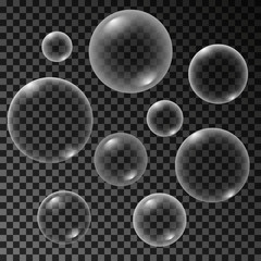 Vector air bubbles set isolated on dark transparent background.