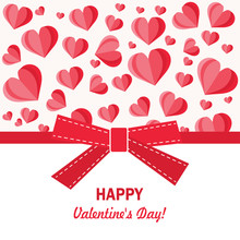 Festive Greeting Card Happy Valentine's Day And Many Hearts, Bow. Vector Illustration